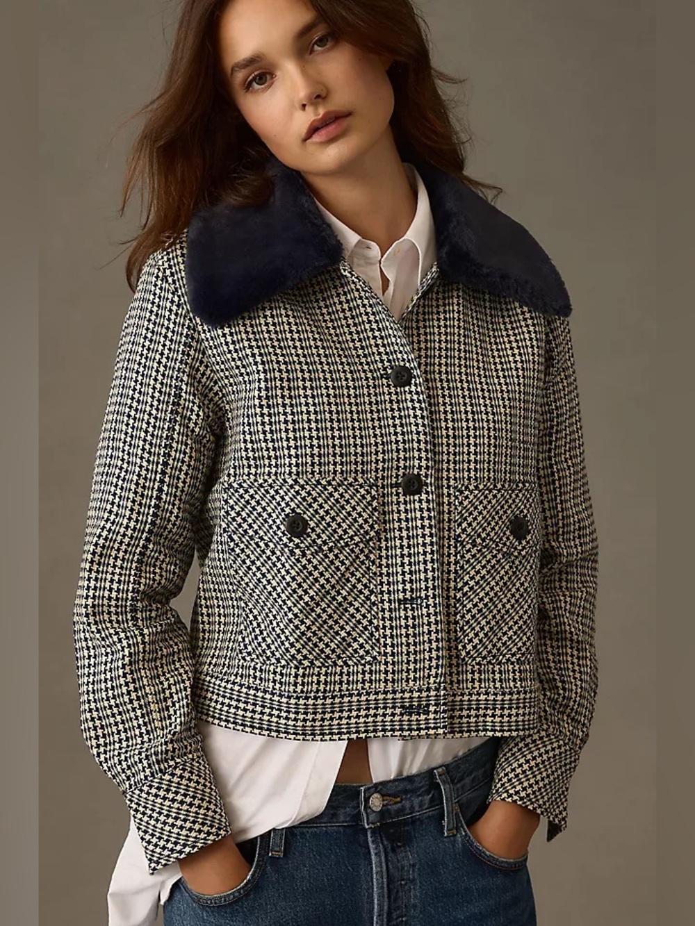 Anthropologie Maeve S Tweed Houndstooth Faux Fur Collar Jacket Navy Preppy Chic